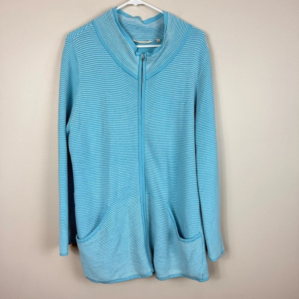 Soft Surroundings Corcovado Cardigan XL Blue Striped Zip-Up Mock Neck Pockets